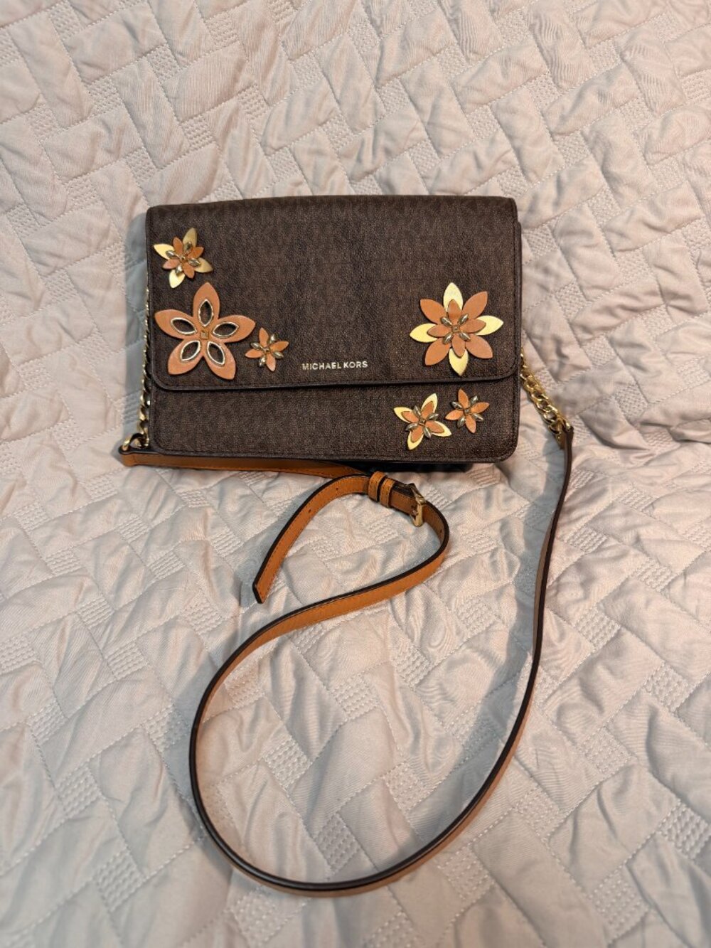 Michael Kors Floral Appliqué Crossbody Bag Brown MK Signature Gold Chain - Picture 2 of 14